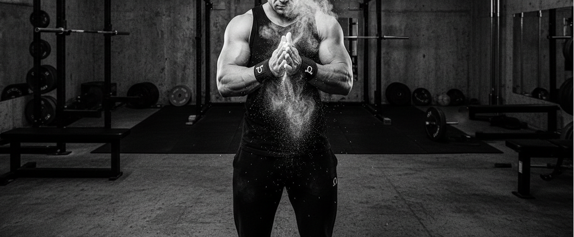 Muscular man in a gym setting with dust on his hands