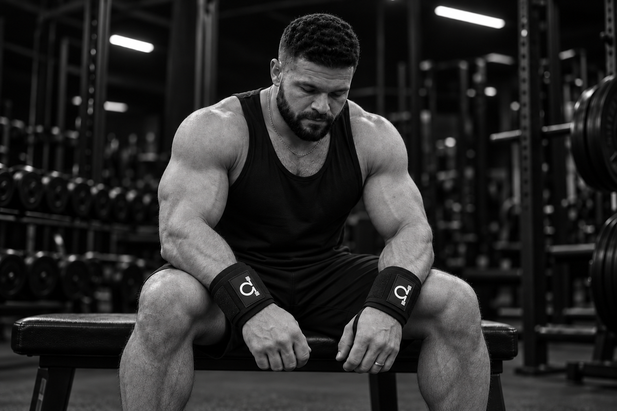Athlete wearing Lift Omega wrist wraps while seated on a gym bench